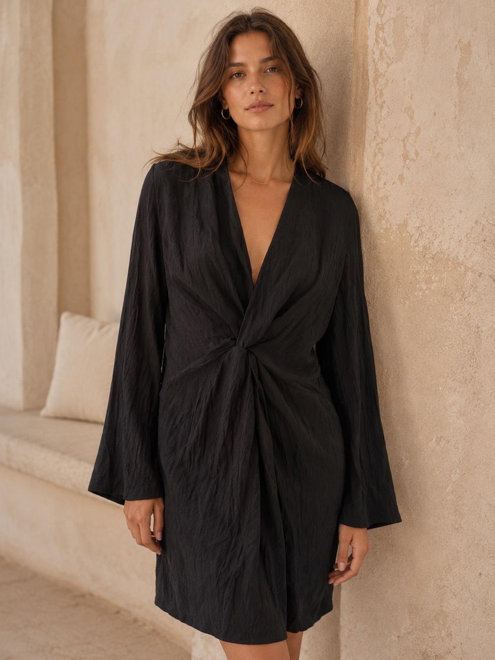NWT H&M Black Textured Weave Gauze Knot V-Neck Shift Dress Size Large
